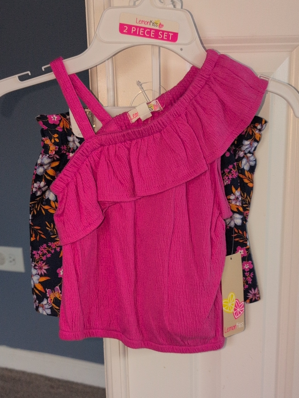 Lemon Kiss Girls' Hot Pink Ruffle One-Shoulder Camisole - 2-Piece Set